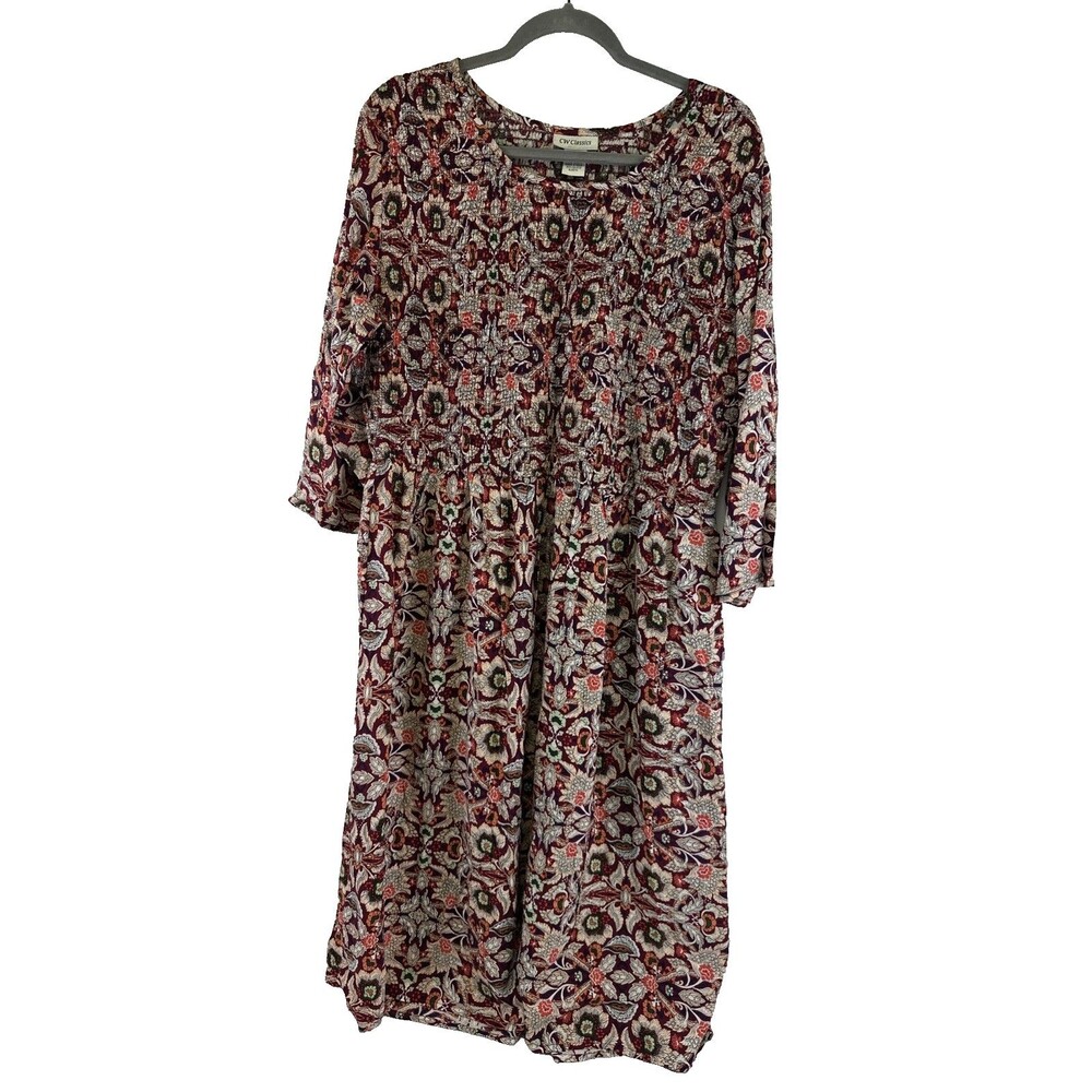 CW Classics Burgundy‎ Pink  Floral Midi Dress 3/4 Sleeve Smocked Womens Plus 1X